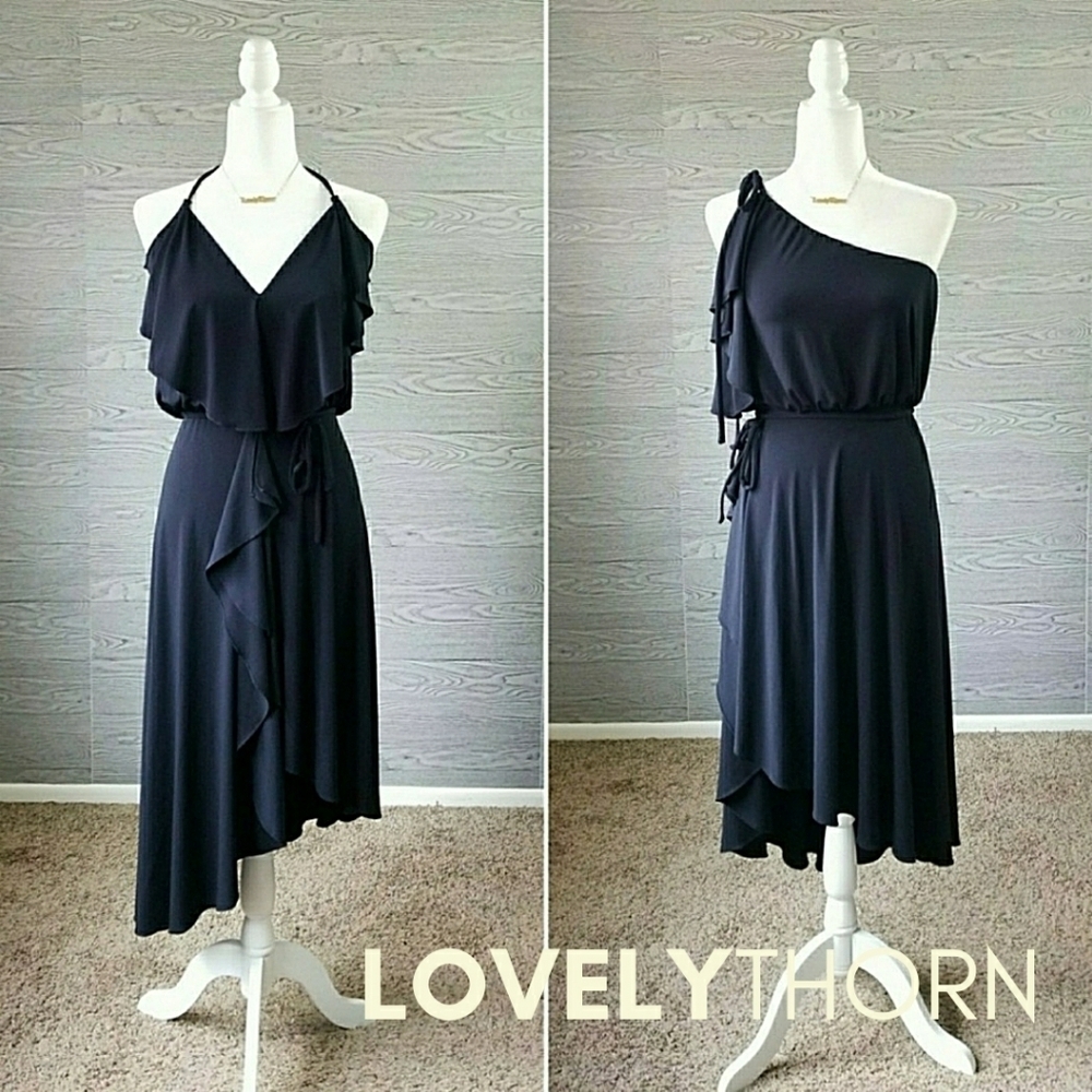 KAREN ZAMBOS // ltd ed convertible halter one shoulder ruffle asymmetric dress